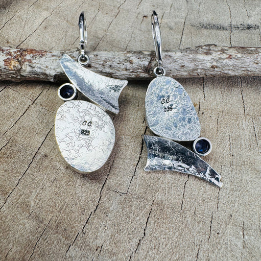 Artistic fused dichroic glass earrings in hand crafted settings of sterling silver accented with gold (E929)