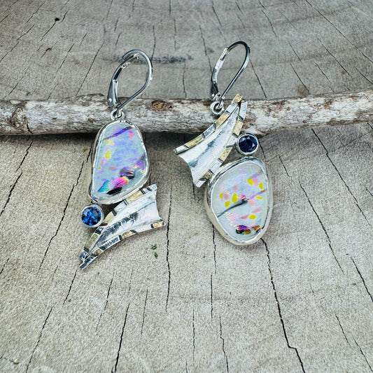 Artistic fused dichroic glass earrings in hand crafted settings of sterling silver accented with gold (E929)