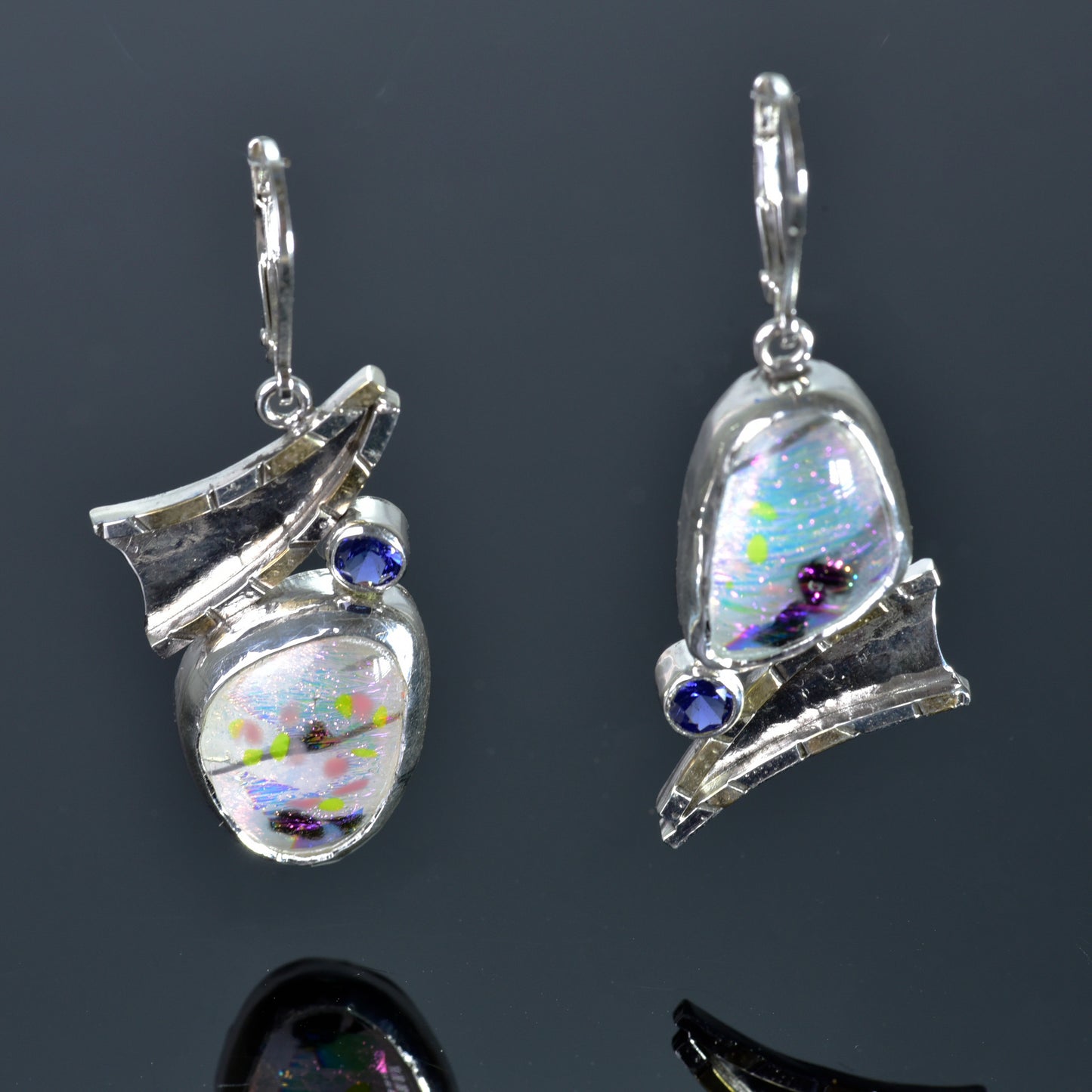 Artistic fused dichroic glass earrings in hand crafted settings of sterling silver accented with gold (E929)