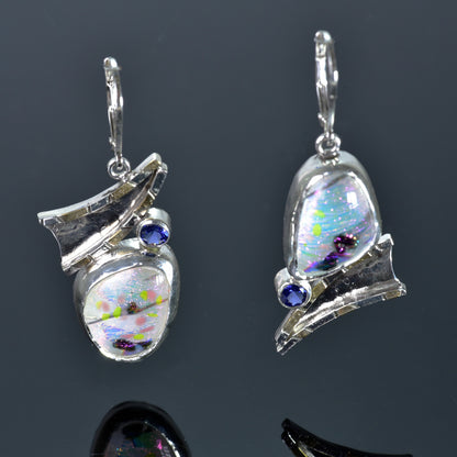 Artistic fused dichroic glass earrings in hand crafted settings of sterling silver accented with gold (E929)