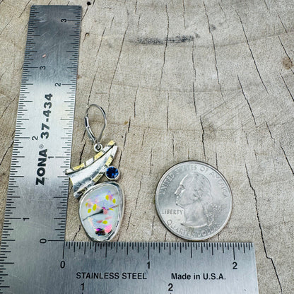 Artistic fused dichroic glass earrings in hand crafted settings of sterling silver accented with gold (E929)
