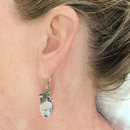Artistic fused dichroic glass earrings in hand crafted settings of sterling silver accented with gold (E929)