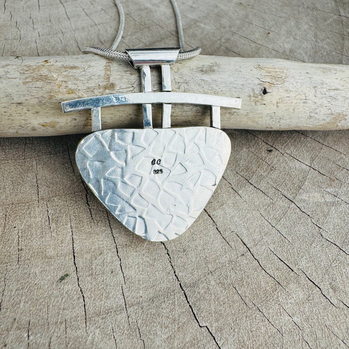 Artistic fused dichroic glass necklace in a hand crafted setting of sterling silver accented with gold (N930)