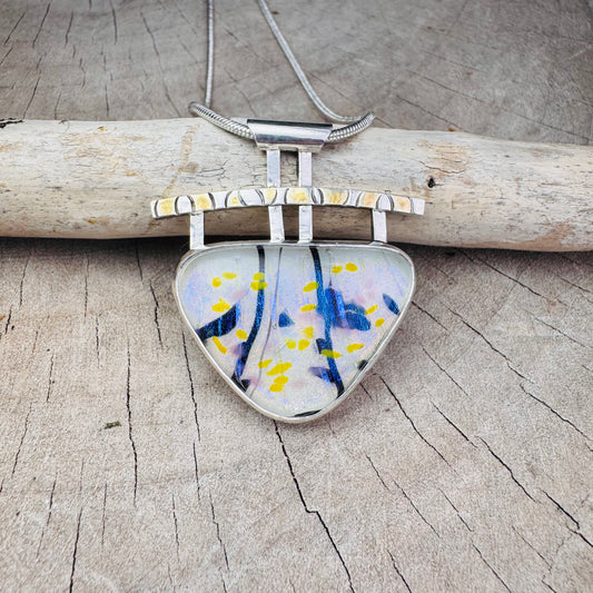 Artistic fused dichroic glass necklace in a hand crafted setting of sterling silver accented with gold (N930)