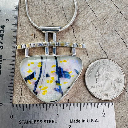 Artistic fused dichroic glass necklace in a hand crafted setting of sterling silver accented with gold (N930)