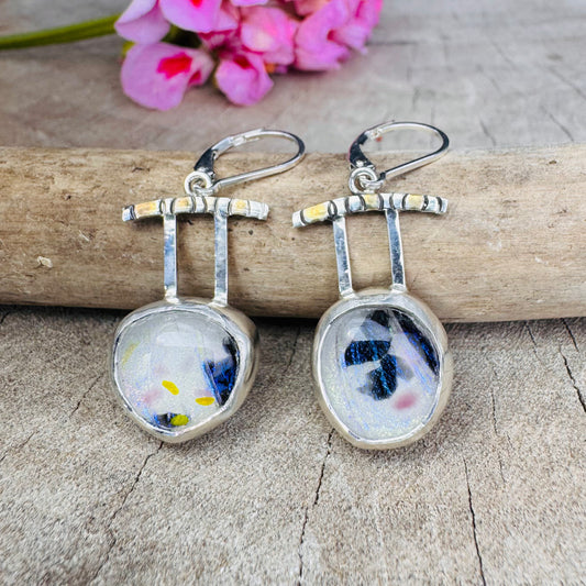 Artistic fused dichroic glass earrings in hand crafted settings of sterling silver accented with gold (E931)