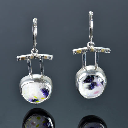 Artistic fused dichroic glass earrings in hand crafted settings of sterling silver accented with gold (E931)