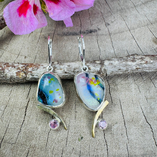 Artistic fused dichroic glass earrings in hand crafted settings of sterling silver accented with gold (E932)