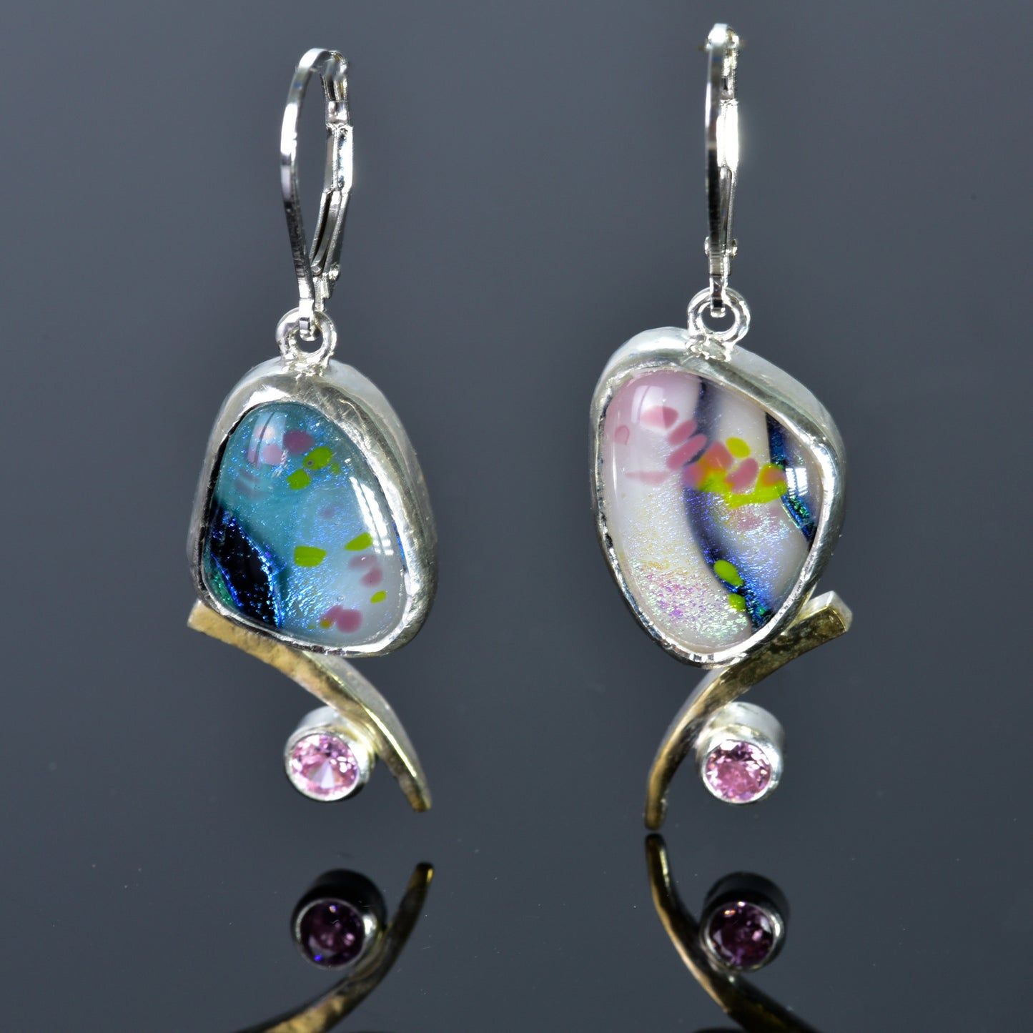 Artistic fused dichroic glass earrings in hand crafted settings of sterling silver accented with gold (E932)