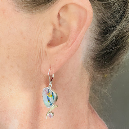 Artistic fused dichroic glass earrings in hand crafted settings of sterling silver accented with gold (E932)