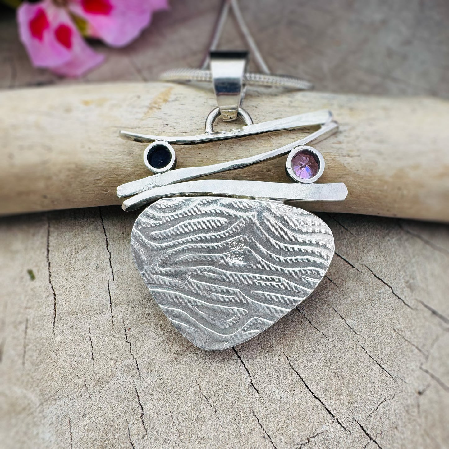 Artistic fused dichroic glass necklace in a hand crafted setting of sterling silver accented with gold (N933)
