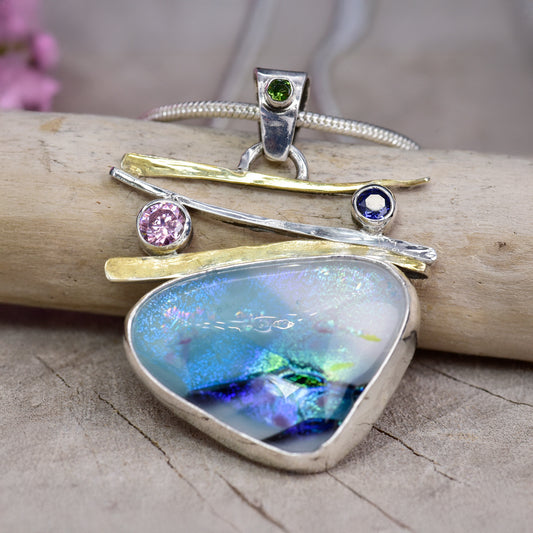 Artistic fused dichroic glass necklace in a hand crafted setting of sterling silver accented with gold (N933)
