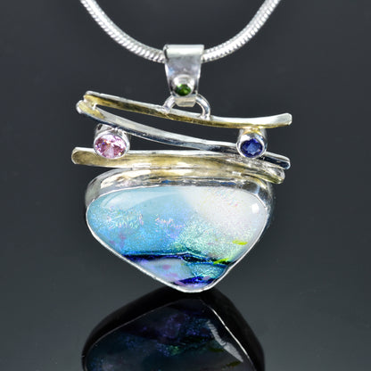 Artistic fused dichroic glass necklace in a hand crafted setting of sterling silver accented with gold (N933)