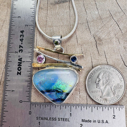 Artistic fused dichroic glass necklace in a hand crafted setting of sterling silver accented with gold (N933)