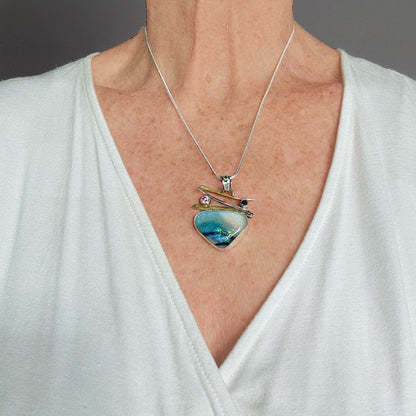 Artistic fused dichroic glass necklace in a hand crafted setting of sterling silver accented with gold (N933)