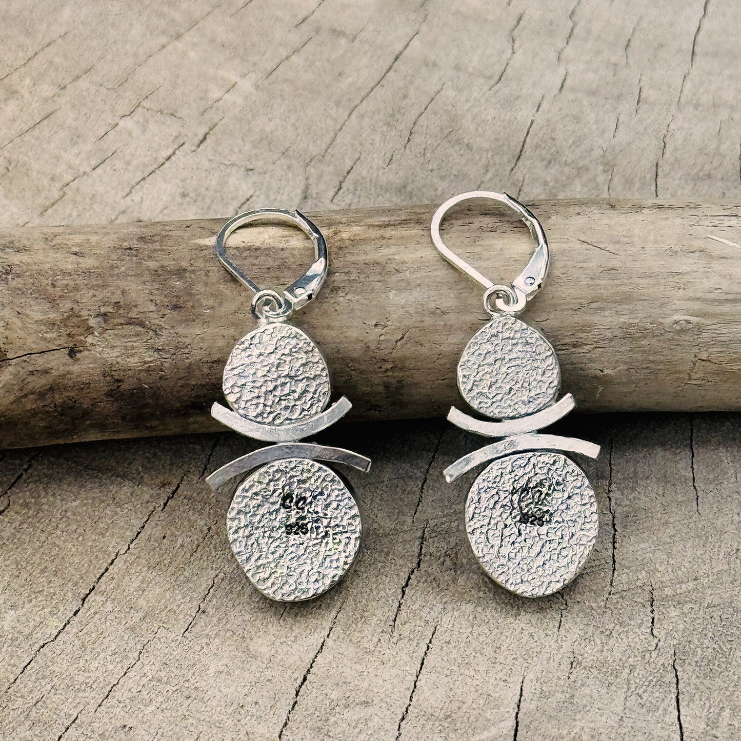 Artistic fused dichroic glass earrings in hand crafted settings of sterling silver (E934)