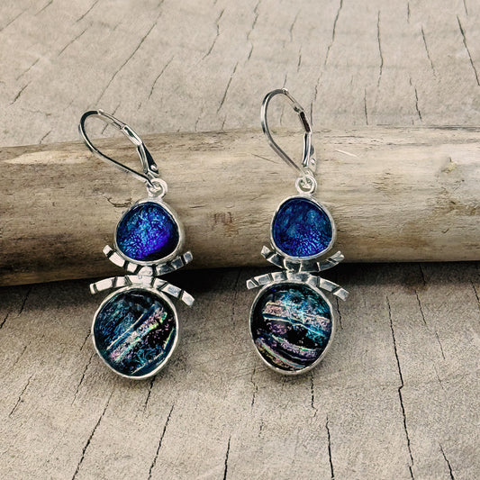 Artistic fused dichroic glass earrings in hand crafted settings of sterling silver (E934)