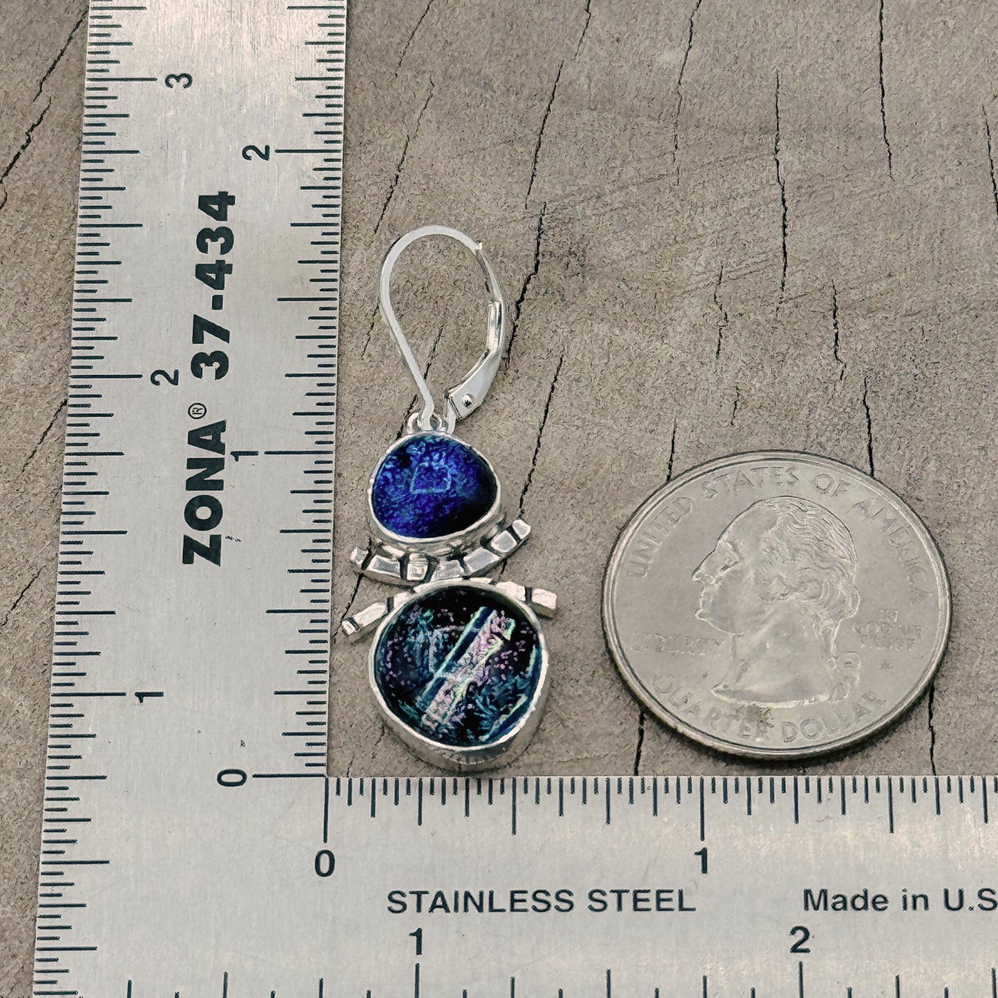 Artistic fused dichroic glass earrings in hand crafted settings of sterling silver (E934)