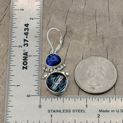 Artistic fused dichroic glass earrings in hand crafted settings of sterling silver (E934)