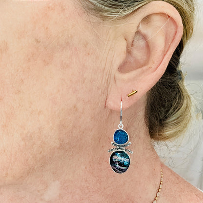 Artistic fused dichroic glass earrings in hand crafted settings of sterling silver (E934)