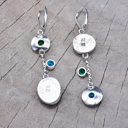 Artistic asymmetric fused dichroic glass earrings in hand crafted settings of sterling silver (E935)