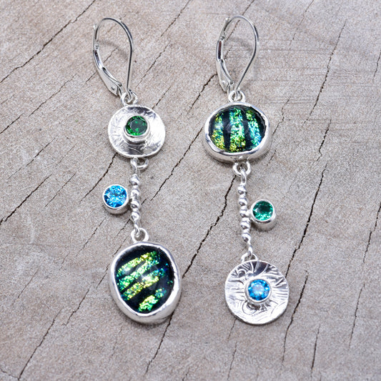 Artistic asymmetric fused dichroic glass earrings in hand crafted settings of sterling silver (E935)