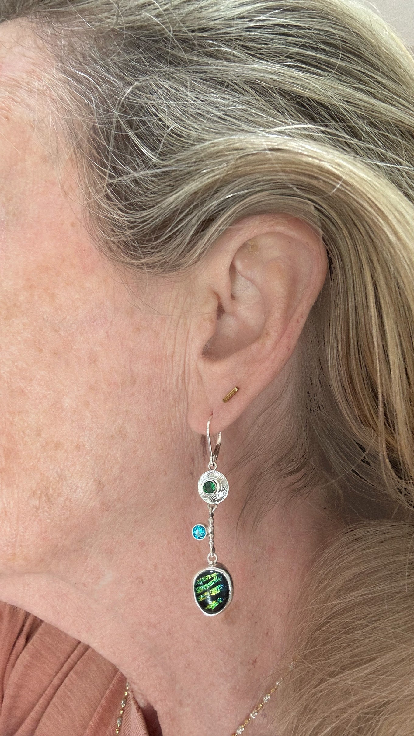 Artistic asymmetric fused dichroic glass earrings in hand crafted settings of sterling silver (E935)
