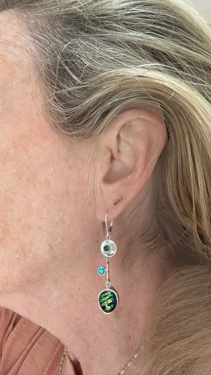 Artistic asymmetric fused dichroic glass earrings in hand crafted settings of sterling silver (E935)