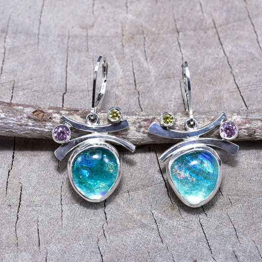 Fused dichroic glass earrings in handmade settings of sterling silver (E936)