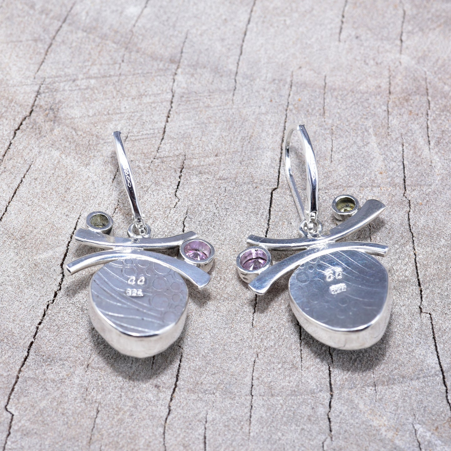 Fused dichroic glass earrings in handmade settings of sterling silver (E936)