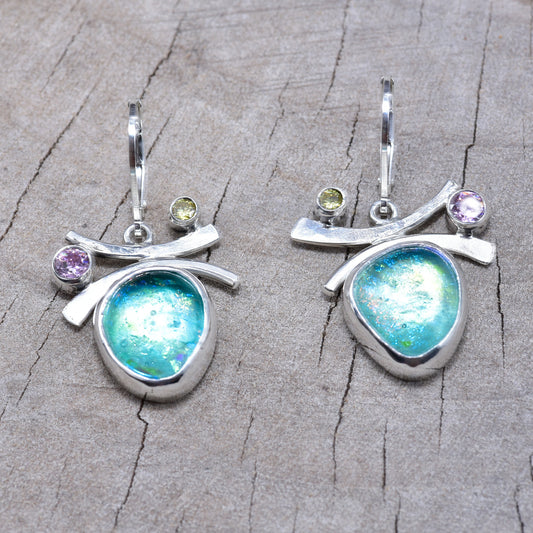 Fused dichroic glass earrings in handmade settings of sterling silver (E936)