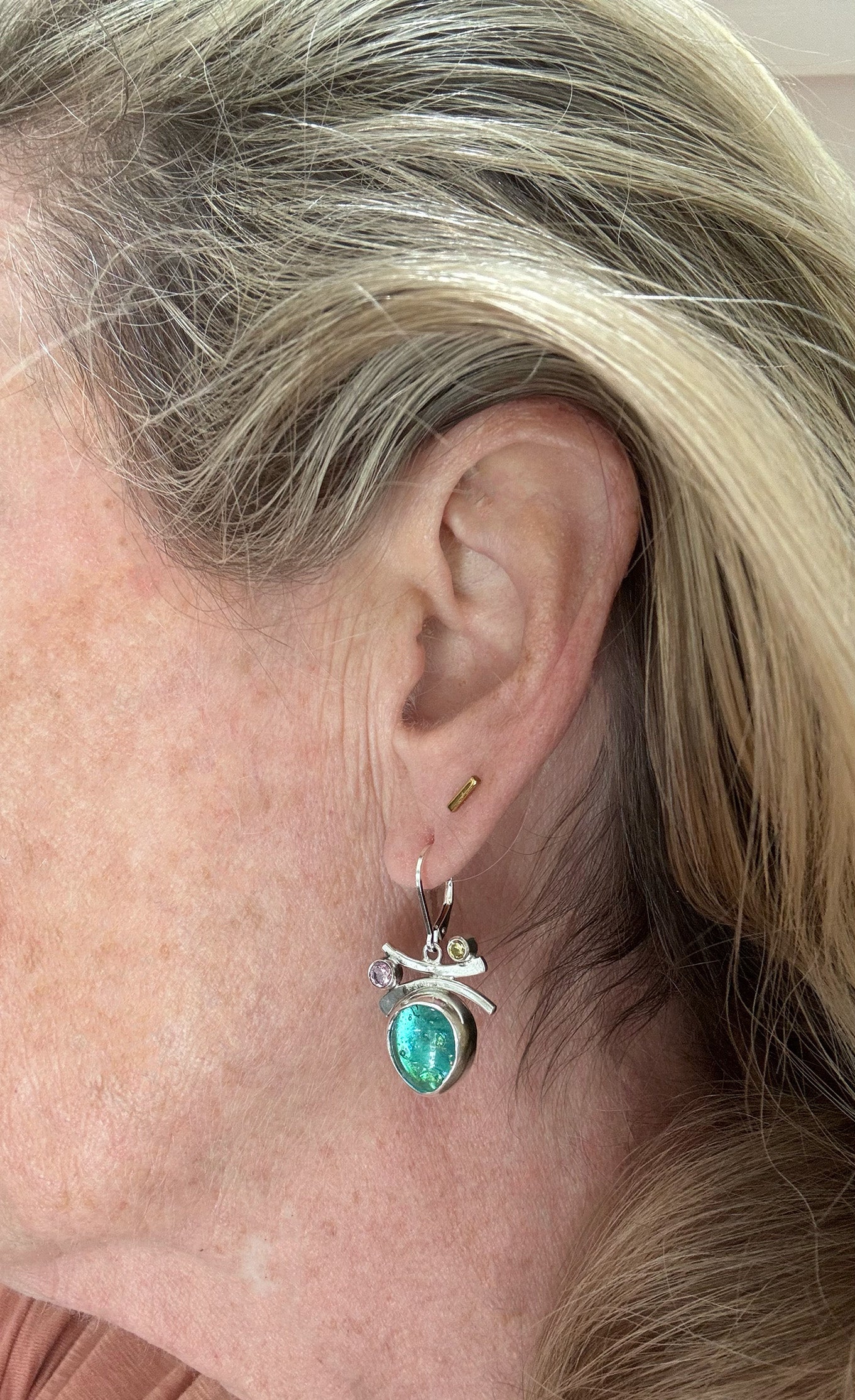 Fused dichroic glass earrings in handmade settings of sterling silver (E936)