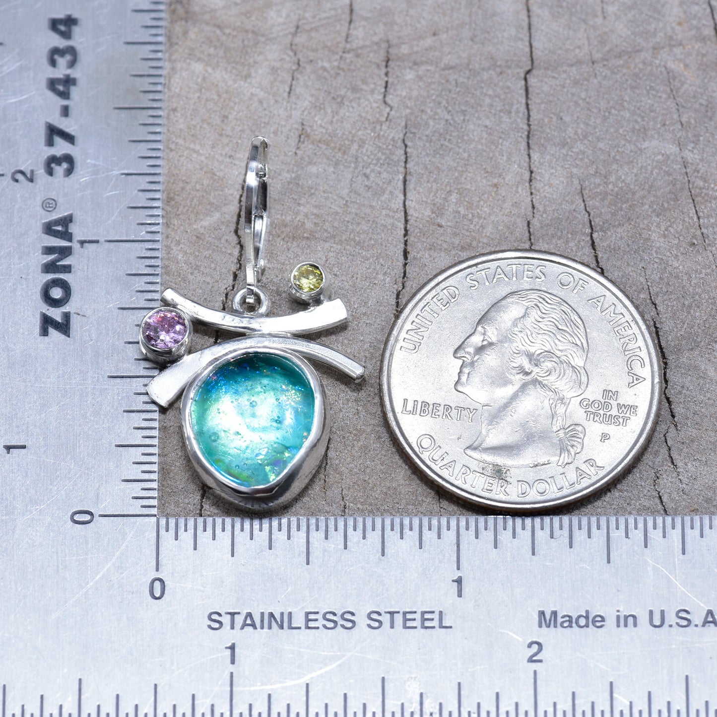 Fused dichroic glass earrings in handmade settings of sterling silver (E936)