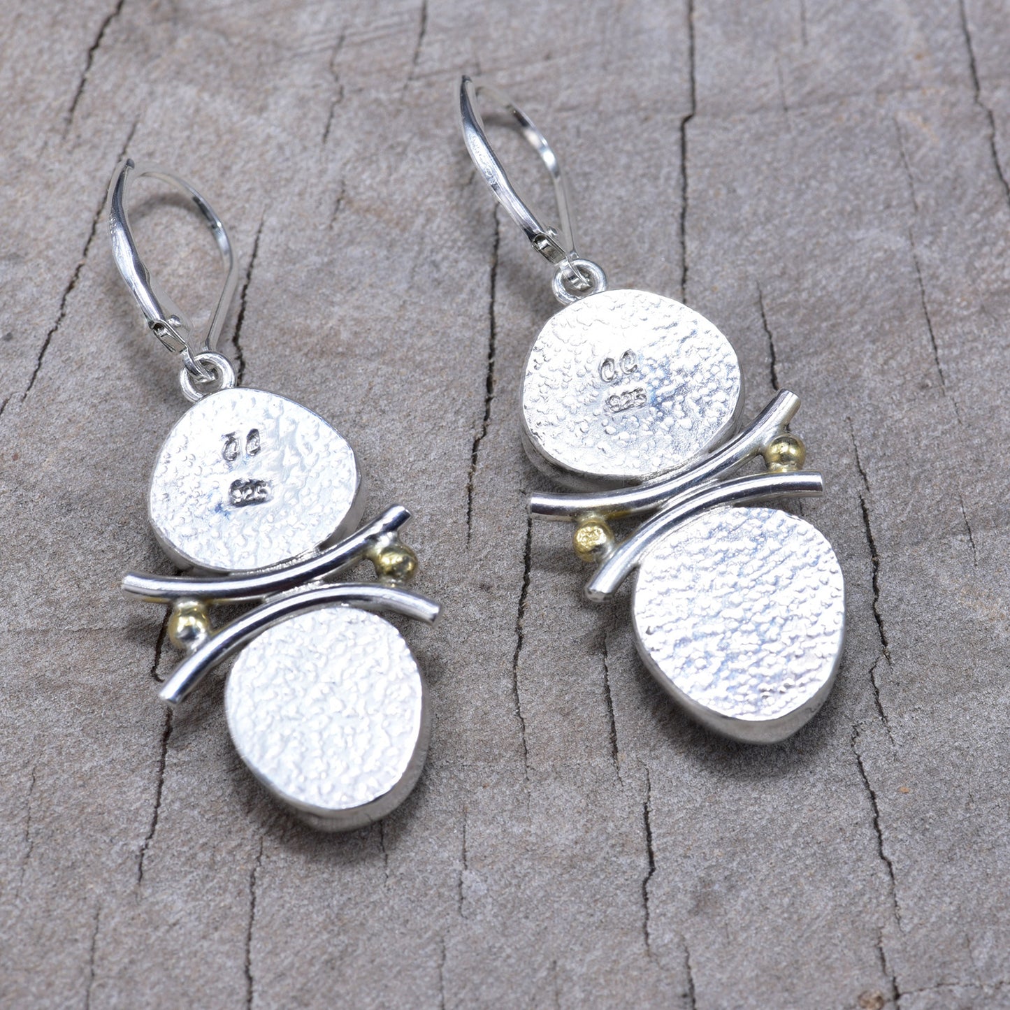 Artistic fused dichroic glass earrings in hand crafted settings of sterling silver accented with gold (E937)