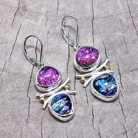 Artistic fused dichroic glass earrings in hand crafted settings of sterling silver accented with gold (E937)