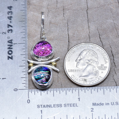 Artistic fused dichroic glass earrings in hand crafted settings of sterling silver accented with gold (E937)