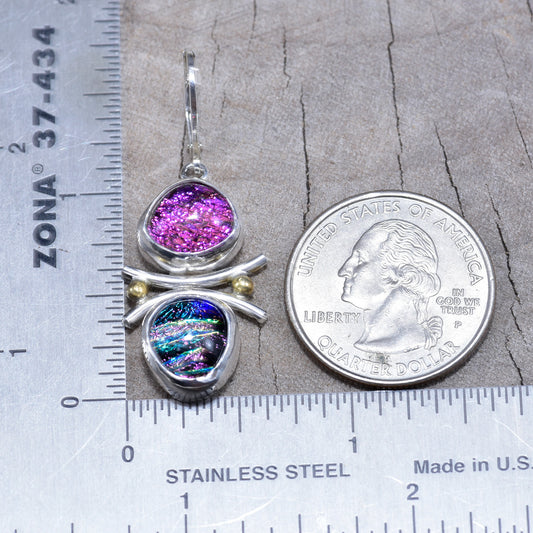 Artistic fused dichroic glass earrings in hand crafted settings of sterling silver accented with gold (E937)