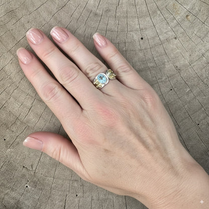 Gemstone ring in a handcrafted sterling silve accented with gold. (R938)