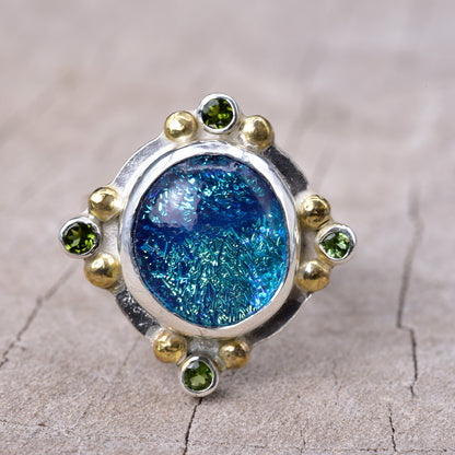 Fused dichroic glass ring in a handcrafted setting of sterling silver (R939)