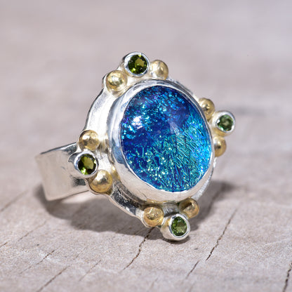 Fused dichroic glass ring in a handcrafted setting of sterling silver (R939)
