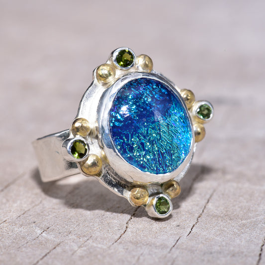 Fused dichroic glass ring in a handcrafted setting of sterling silver (R939)