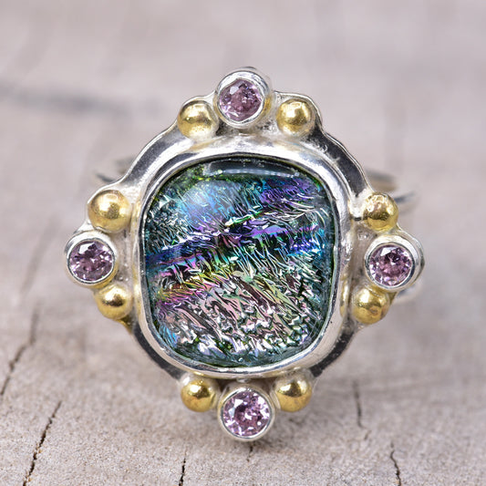 Fused dichroic glass ring in a handcrafted setting of sterling silver (R940)