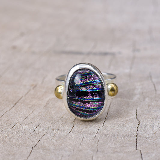 Fused dichroic glass ring in a handcrafted setting of sterling silver (R941)