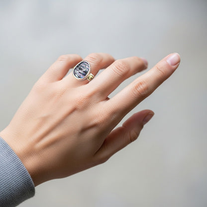 Fused dichroic glass ring in a handcrafted setting of sterling silver (R941)
