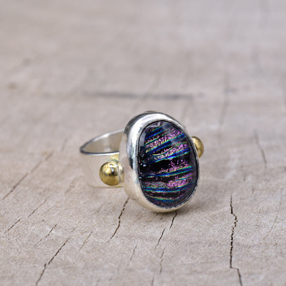 Fused dichroic glass ring in a handcrafted setting of sterling silver (R941)