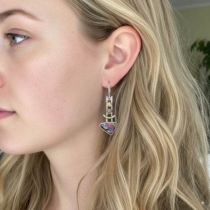 Artistic fused dichroic glass earrings in hand crafted settings of sterling silver accented with gold (E942)