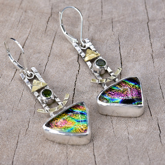 Artistic fused dichroic glass earrings in hand crafted settings of sterling silver accented with gold (E942)