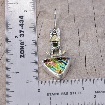 Artistic fused dichroic glass earrings in hand crafted settings of sterling silver accented with gold (E942)