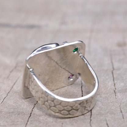 Artistic fused dichroic glass ring in a handcrafted setting of sterling silver accented with 14K gold (R943)