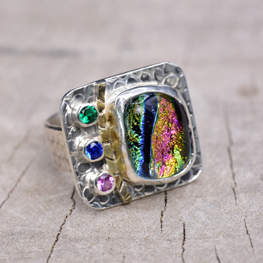 Artistic fused dichroic glass ring in a handcrafted setting of sterling silver accented with 14K gold (R943)